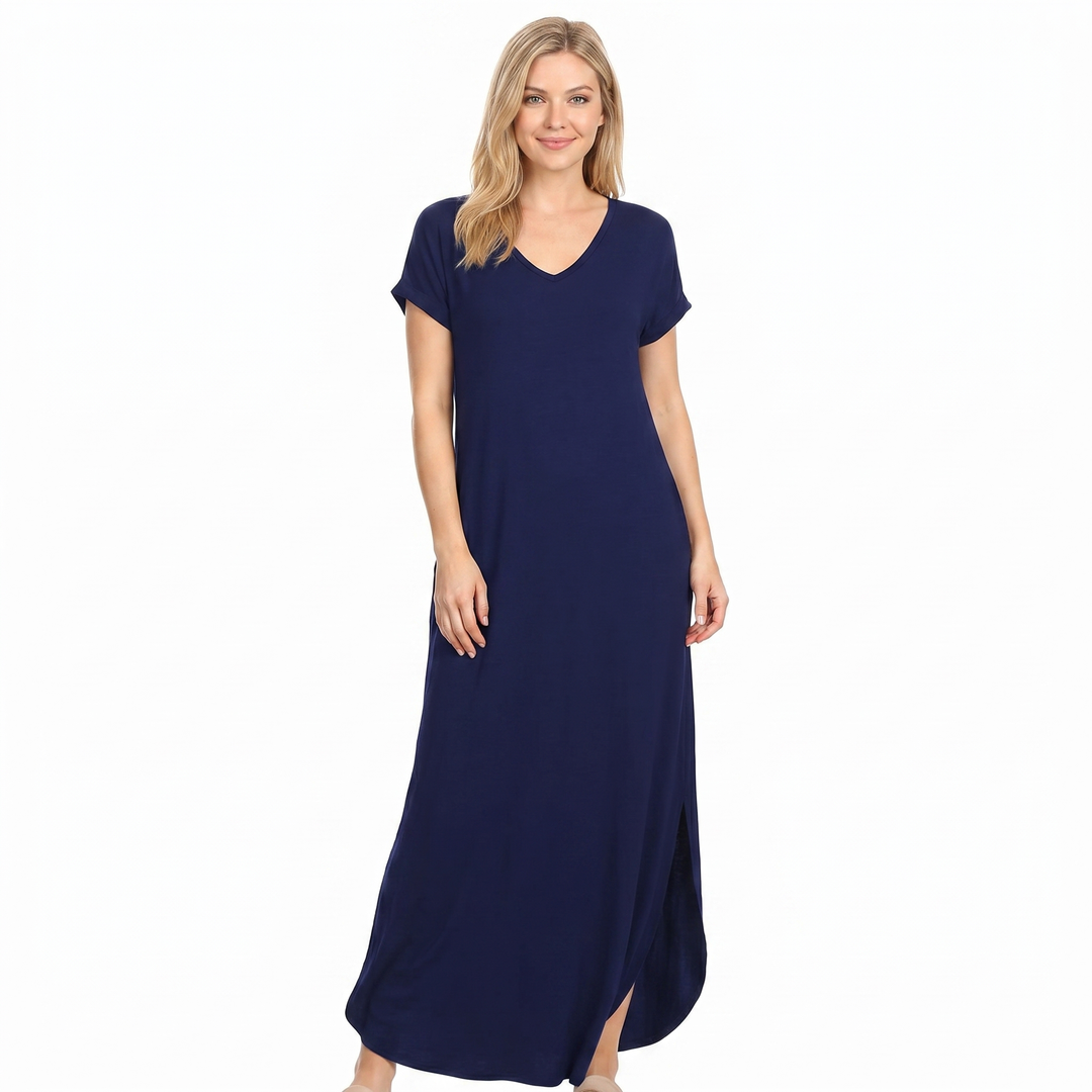 Women's V-Neck Short-Sleeve Maxi Dress Loose Casual Pocket Side Slit Long Dress