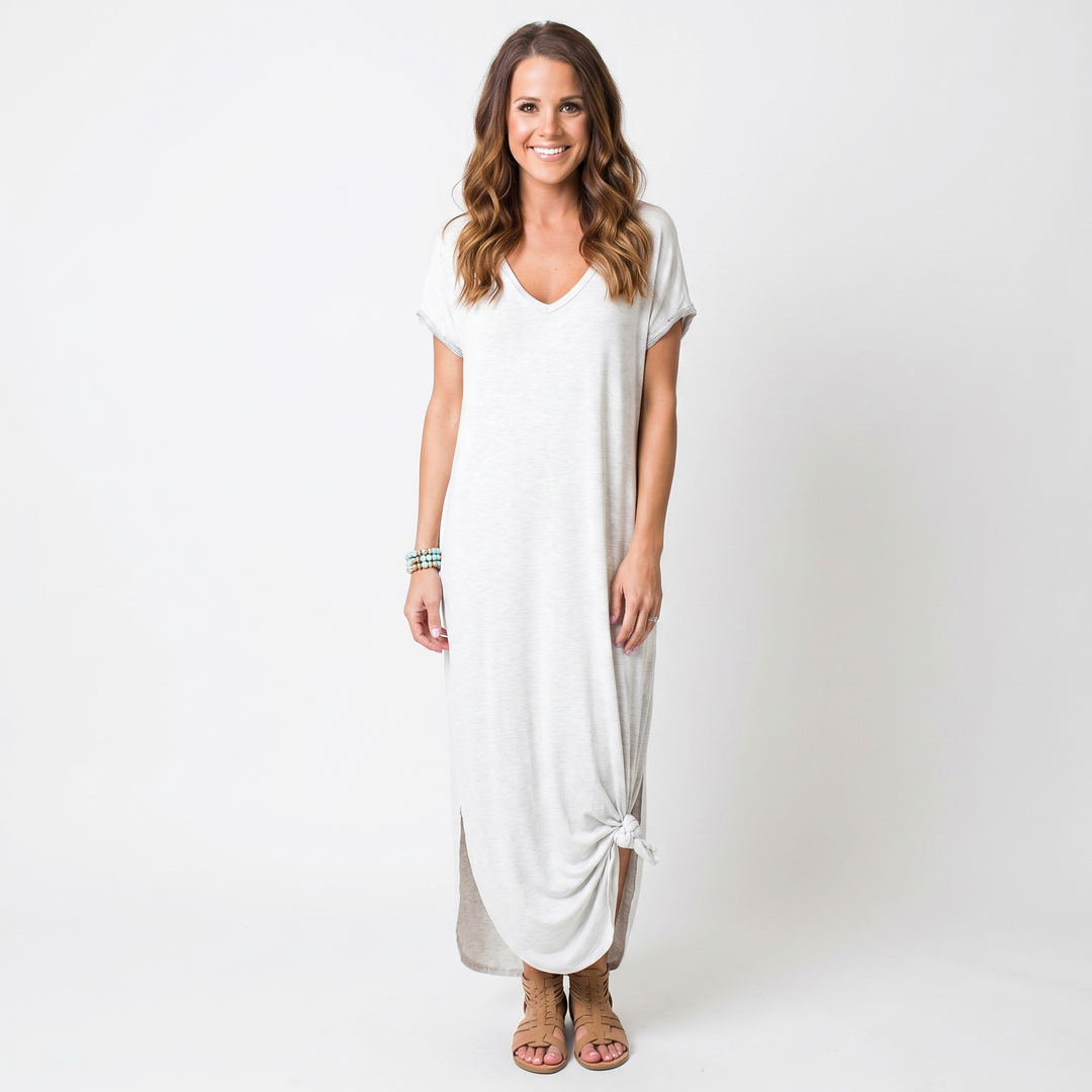 Women's V-Neck Short-Sleeve Maxi Dress Loose Casual Pocket Side Slit Long Dress