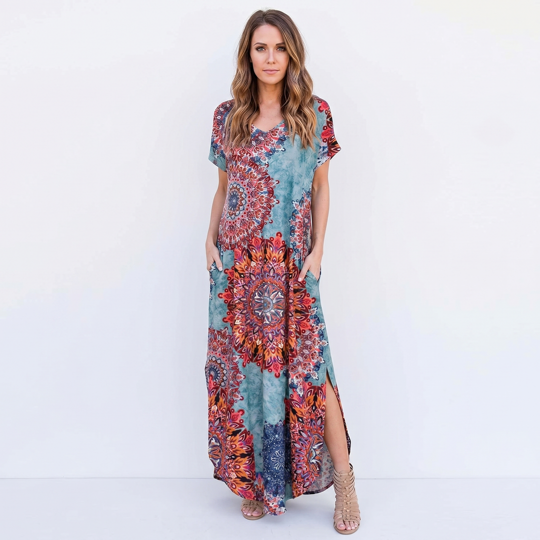 Women's V-Neck Short-Sleeve Maxi Dress Loose Casual Pocket Side Slit Long Dress