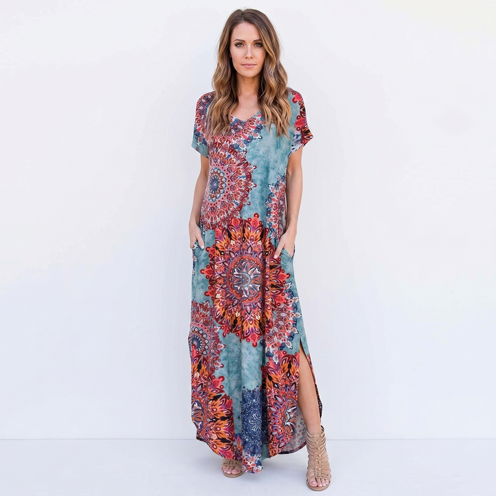 Women's V-Neck Short-Sleeve Maxi Dress Loose Casual Pocket Side Slit Long Dress
