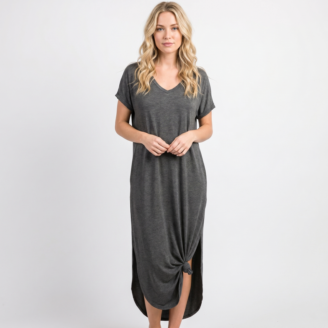 Women's V-Neck Short-Sleeve Maxi Dress Loose Casual Pocket Side Slit Long Dress