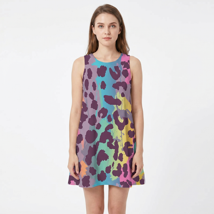 Women's Printed Sleeveless Mini Dress Round Neck A-Line Casual Summer Shift Dress