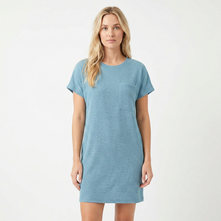 Women's Ribbed Knit T-Shirt Dress Short-Sleeve Round Neck Casual Mini Dress Pocket