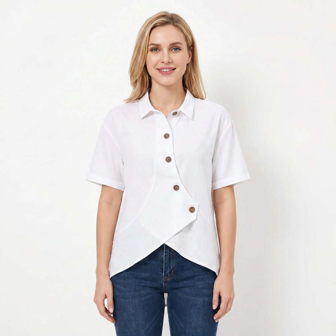 Women's Linen Asymmetric Button-Down Shirt Short-Sleeve Collar Casual Blouse