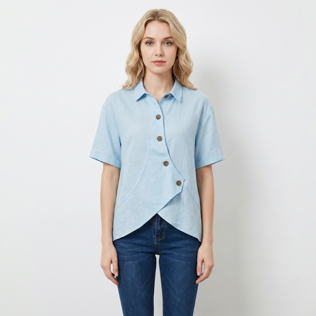 Women's Linen Asymmetric Button-Down Shirt Short-Sleeve Collar Casual Blouse