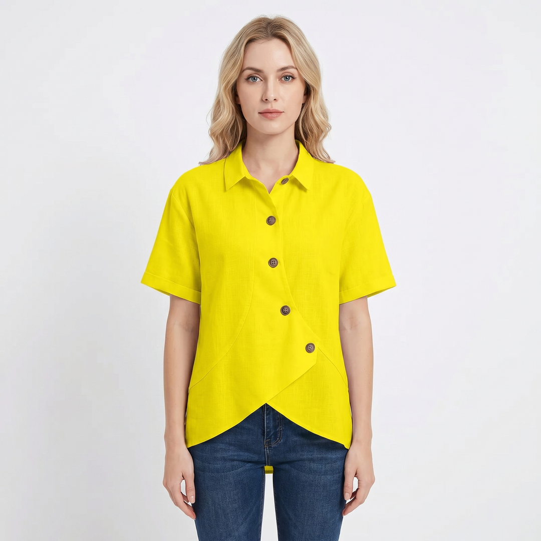 Women's Linen Asymmetric Button-Down Shirt Short-Sleeve Collar Casual Blouse