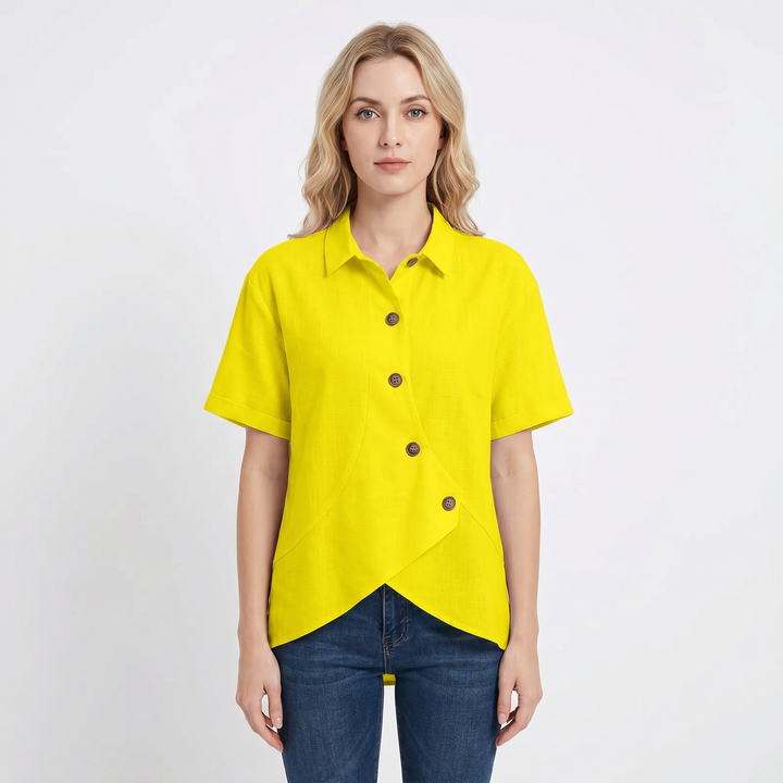 Women's Linen Asymmetric Button-Down Shirt Short-Sleeve Collar Casual Blouse