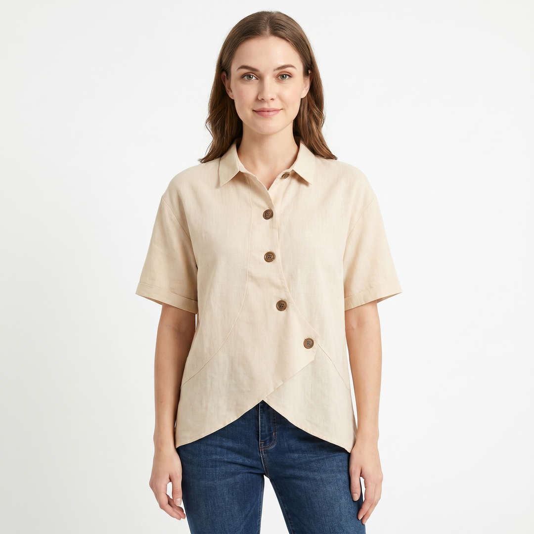 Women's Linen Asymmetric Button-Down Shirt Short-Sleeve Collar Casual Blouse
