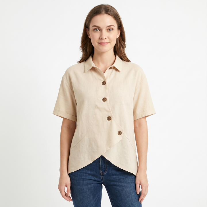 Women's Linen Asymmetric Button-Down Shirt Short-Sleeve Collar Casual Blouse