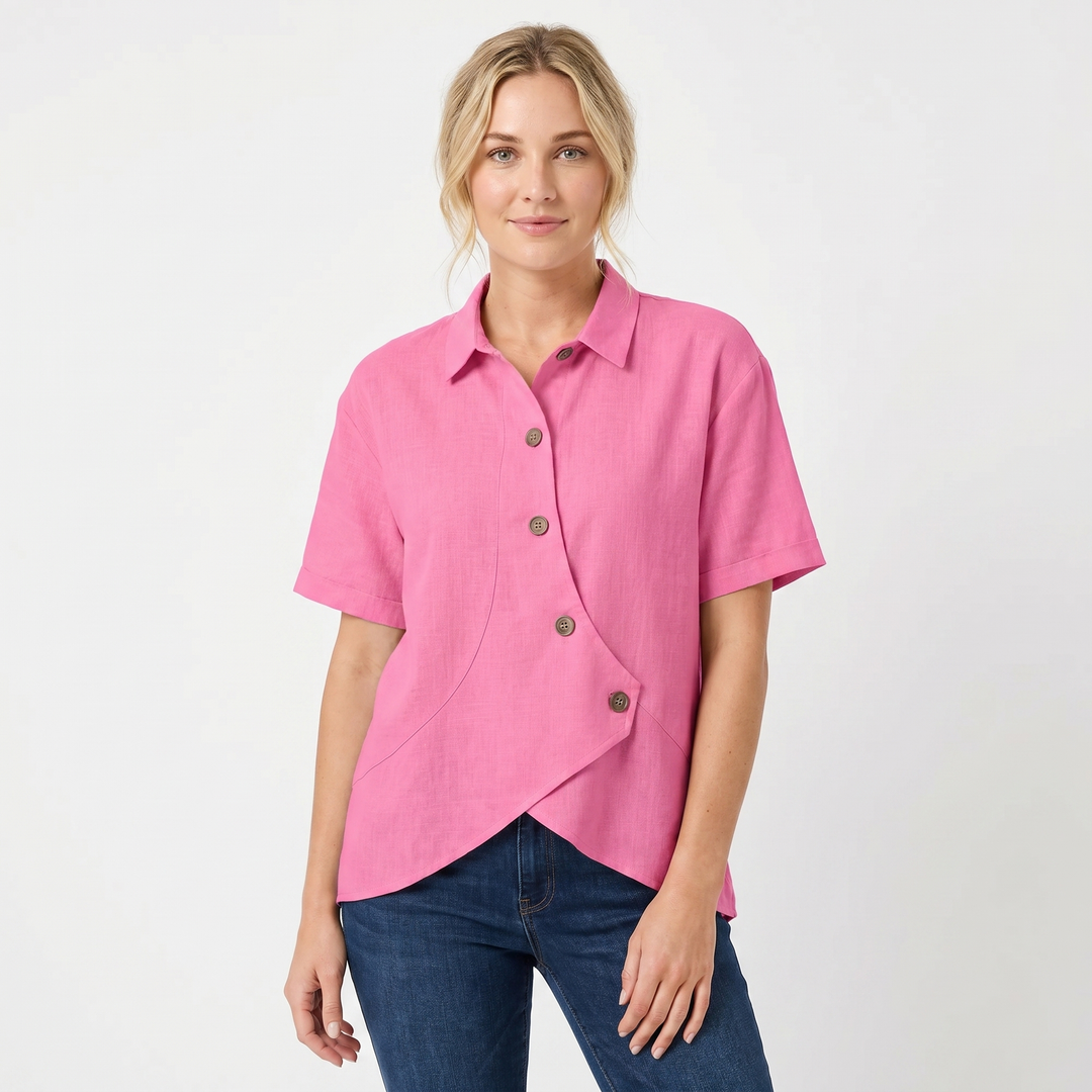 Women's Linen Asymmetric Button-Down Shirt Short-Sleeve Collar Casual Blouse