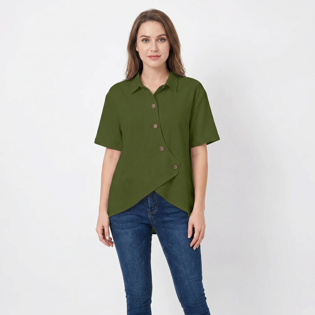 Women's Linen Asymmetric Button-Down Shirt Short-Sleeve Collar Casual Blouse