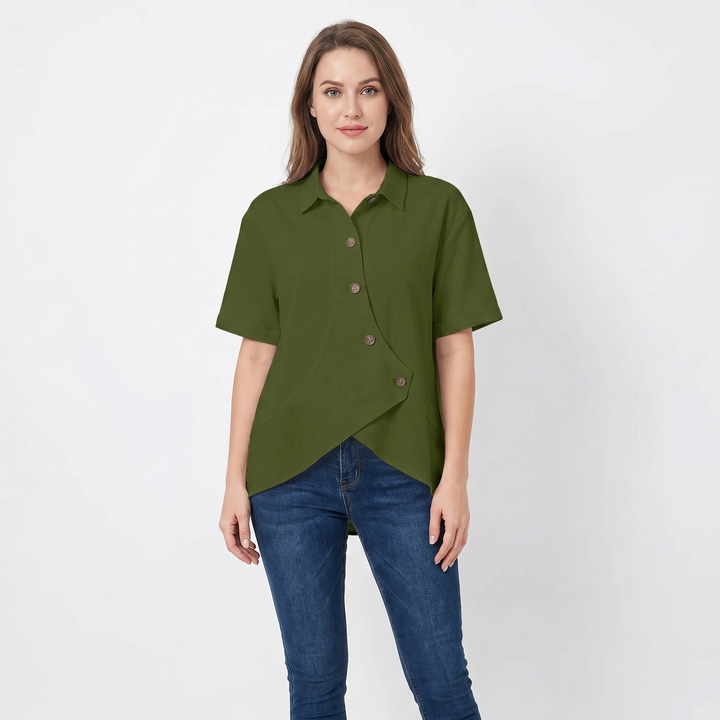 Women's Linen Asymmetric Button-Down Shirt Short-Sleeve Collar Casual Blouse