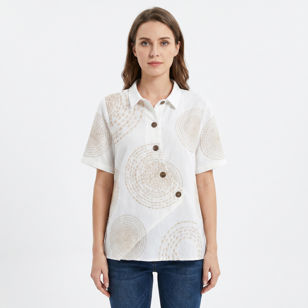 Women's Linen Asymmetric Button-Down Shirt Short-Sleeve Collar Casual Blouse