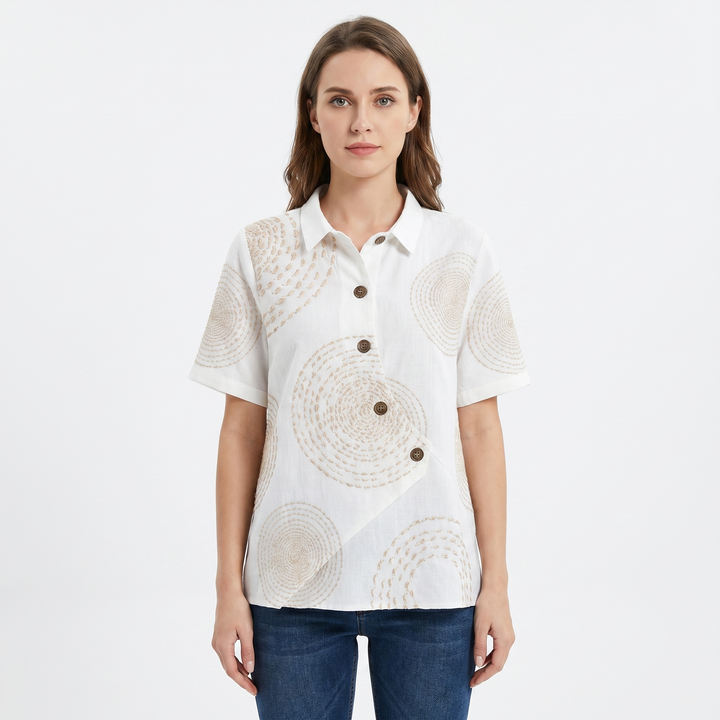 Women's Linen Asymmetric Button-Down Shirt Short-Sleeve Collar Casual Blouse