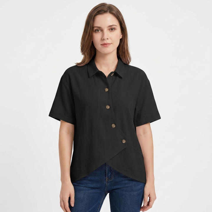 Women's Linen Asymmetric Button-Down Shirt Short-Sleeve Collar Casual Blouse