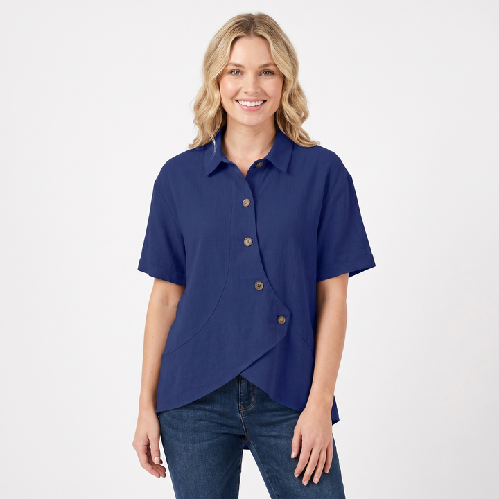 Women's Linen Asymmetric Button-Down Shirt Short-Sleeve Collar Casual Blouse