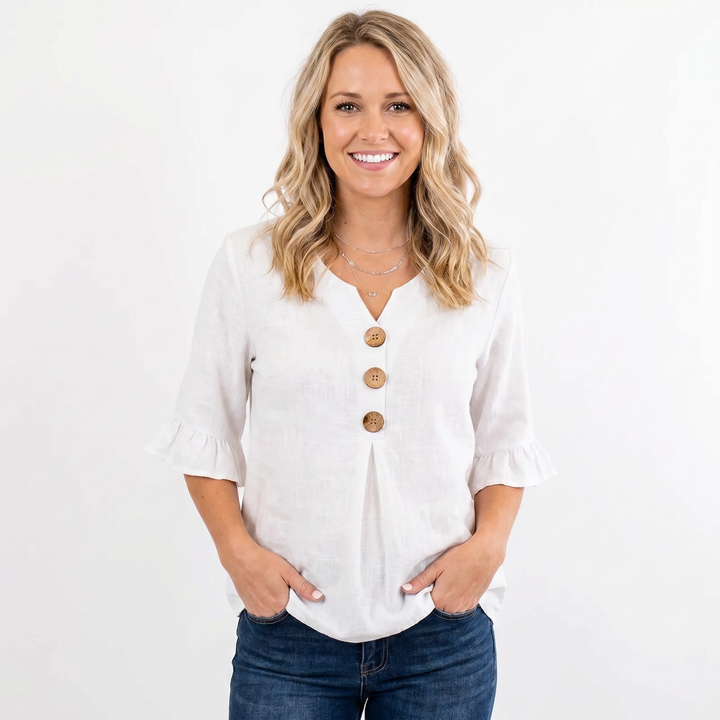 Women's Linen Blend Blouse Relaxed Fit Button-Front Ruffle Sleeve Top