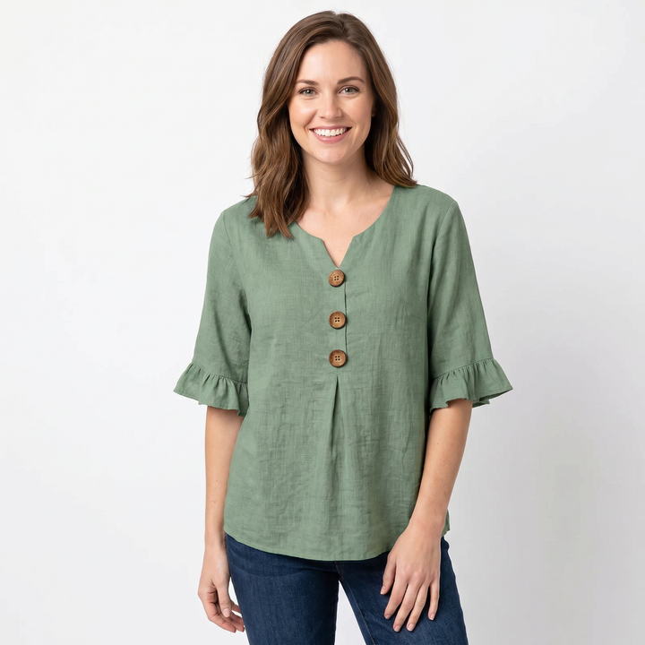 Women's Linen Blend Blouse Relaxed Fit Button-Front Ruffle Sleeve Top