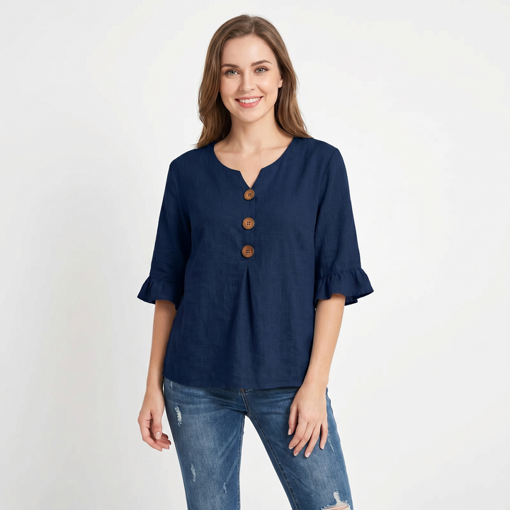 Women's Linen Blend Blouse Relaxed Fit Button-Front Ruffle Sleeve Top