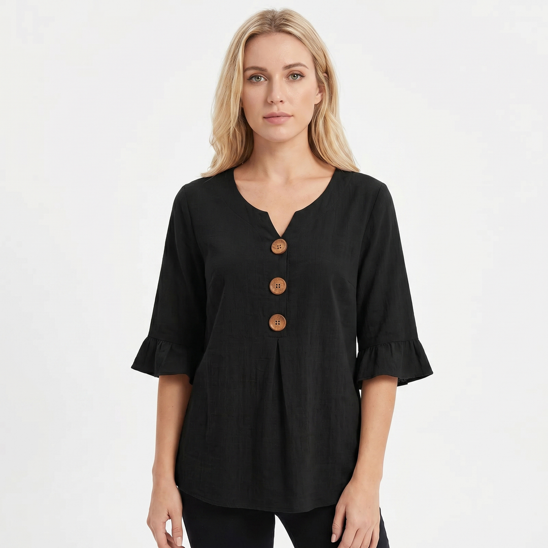 Women's Linen Blend Blouse Relaxed Fit Button-Front Ruffle Sleeve Top