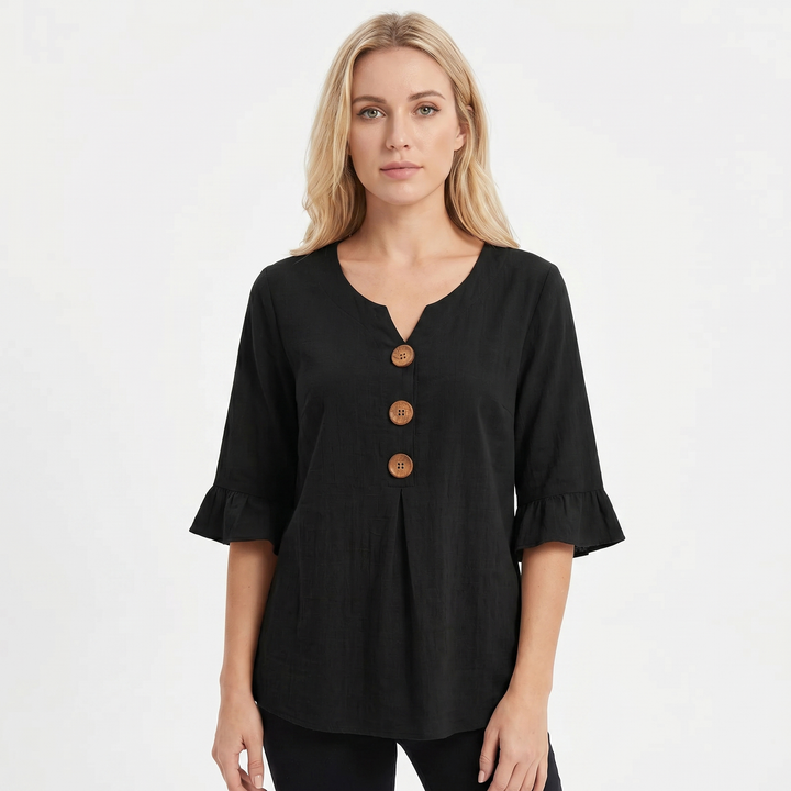 Women's Linen Blend Blouse Relaxed Fit Button-Front Ruffle Sleeve Top