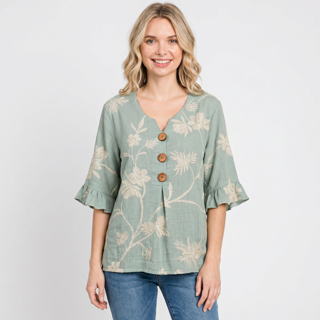 Women's Linen Blend Blouse Relaxed Fit Button-Front Ruffle Sleeve Top