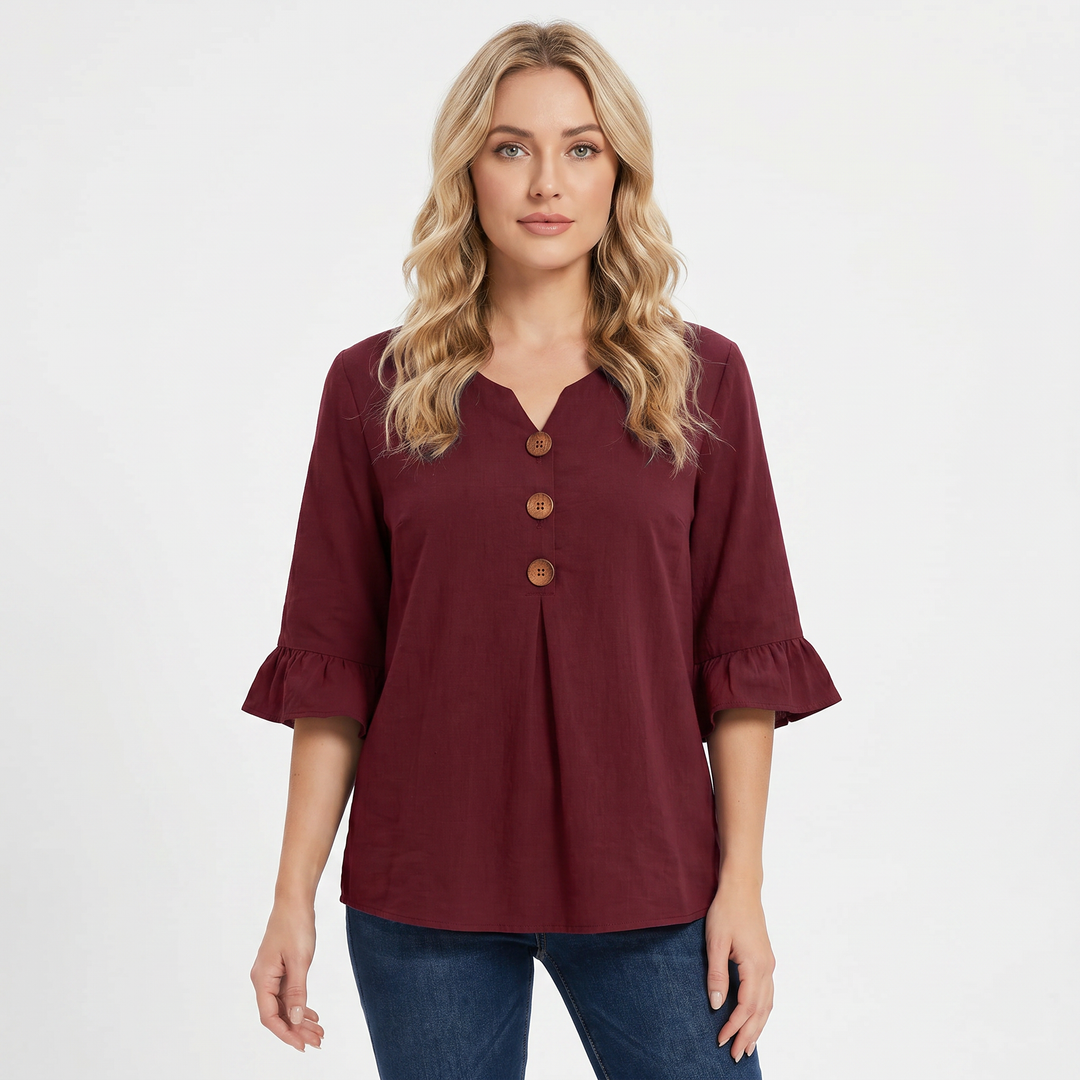 Women's Linen Blend Blouse Relaxed Fit Button-Front Ruffle Sleeve Top