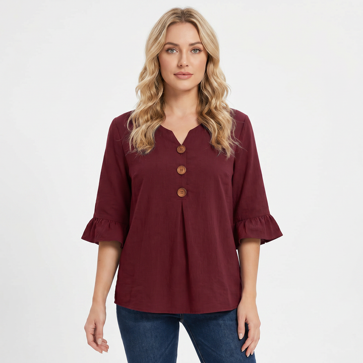 Women's Linen Blend Blouse Relaxed Fit Button-Front Ruffle Sleeve Top