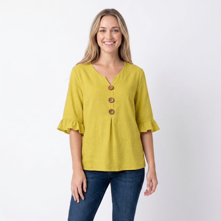 Women's Linen Blend Blouse Relaxed Fit Button-Front Ruffle Sleeve Top