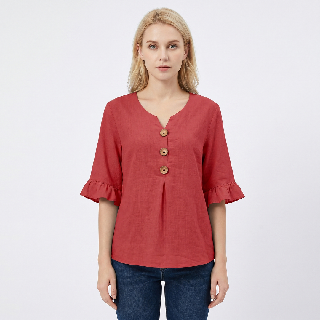 Women's Linen Blend Blouse Relaxed Fit Button-Front Ruffle Sleeve Top