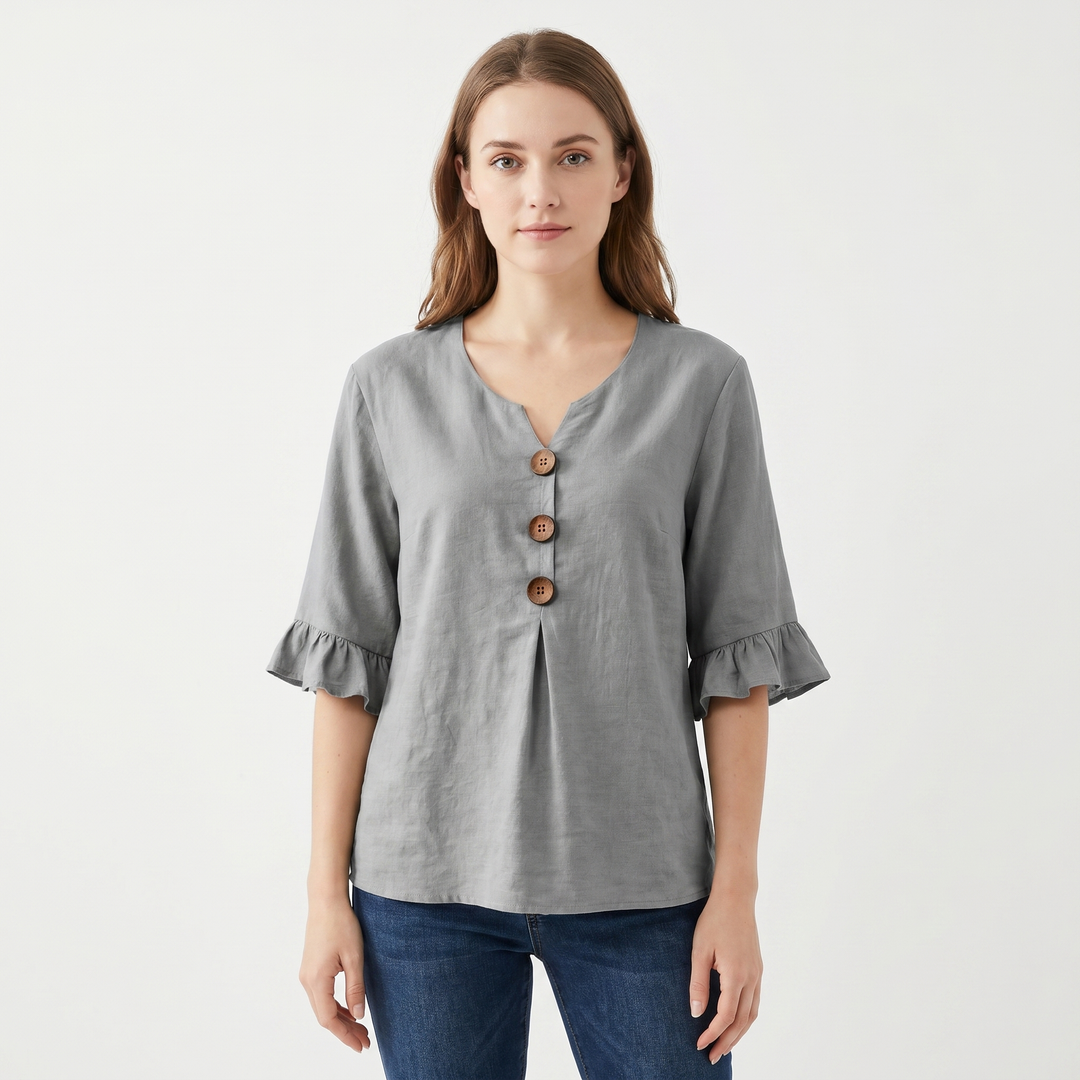 Women's Linen Blend Blouse Relaxed Fit Button-Front Ruffle Sleeve Top