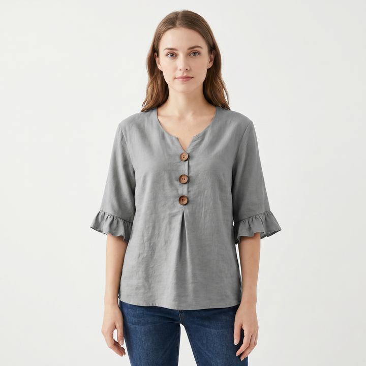 Women's Linen Blend Blouse Relaxed Fit Button-Front Ruffle Sleeve Top