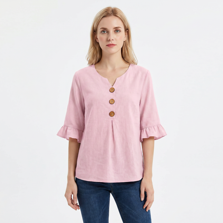 Women's Linen Blend Blouse Relaxed Fit Button-Front Ruffle Sleeve Top