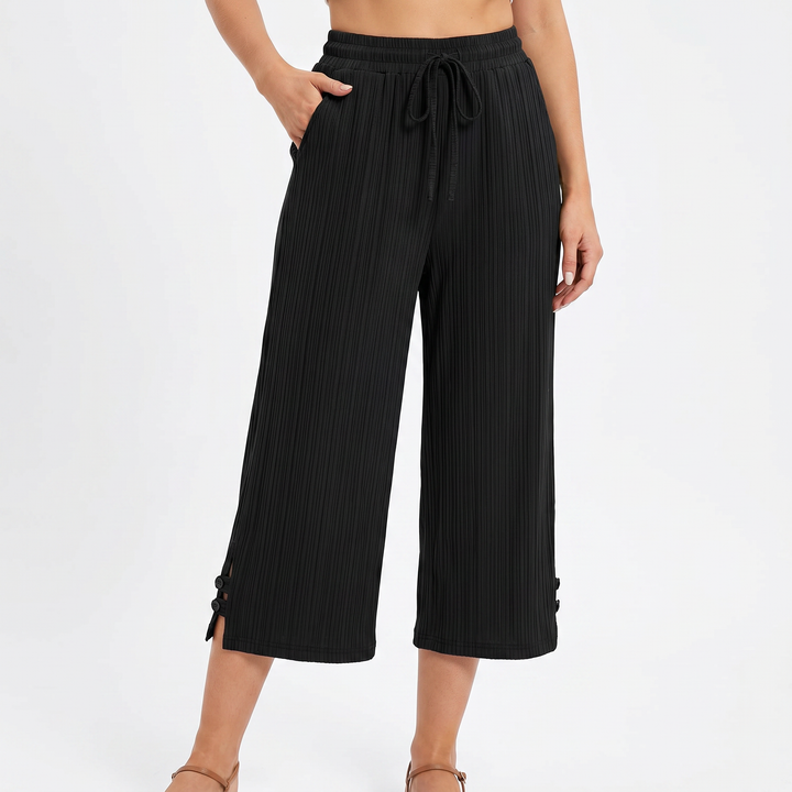 Women's Wide Leg Cropped Pants Drawstring Elastic Waist Textured Casual Trousers