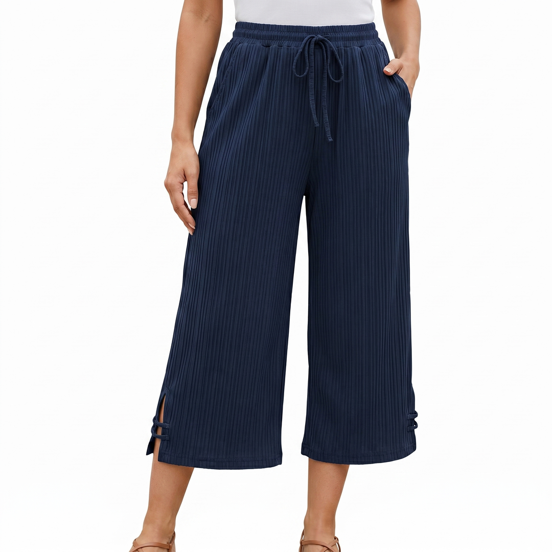 Women's Wide Leg Cropped Pants Drawstring Elastic Waist Textured Casual Trousers