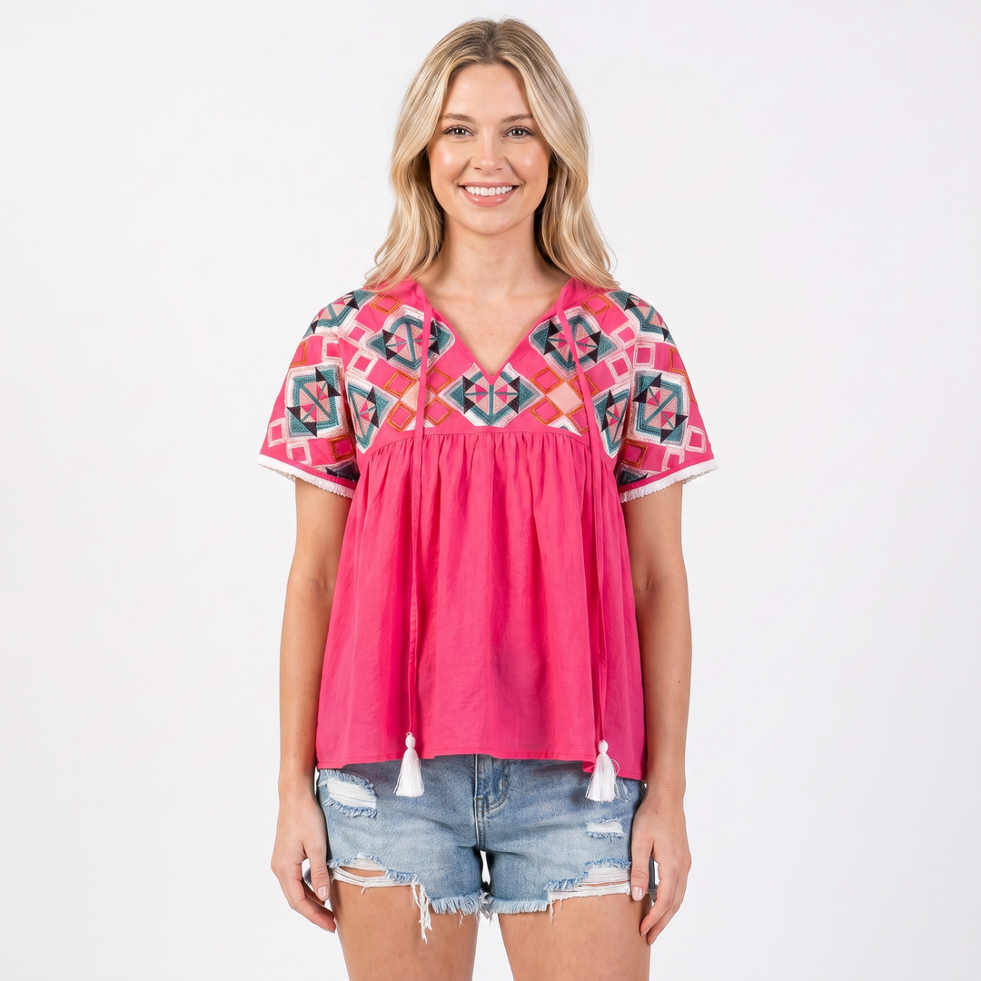 Women's Aztec Print Babydoll Top V-Neck Short Sleeve Boho Smocked Blouse