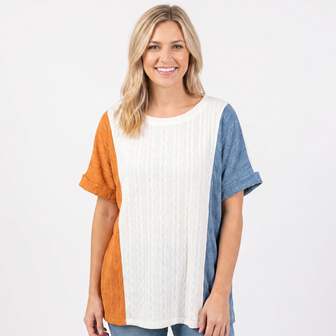 Women's Color Block Textured Knit Top Oversized Short Sleeve Crew Neck Casual Tee