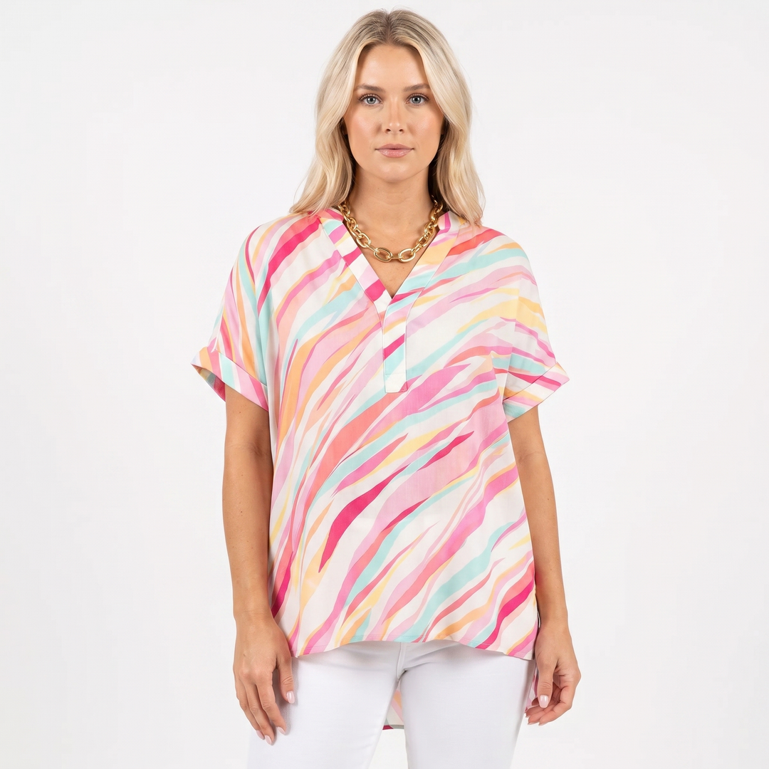 Women's Multicolor Stripe Print Blouse Oversized V-Neck Batwing Sleeve Casual Top
