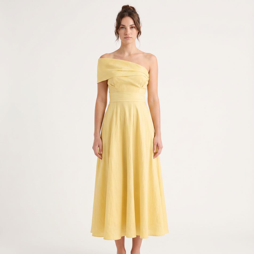 Women's Off Shoulder Midi Dress Fit and Flare Pleated Skirt Elegant Wedding Guest Dress