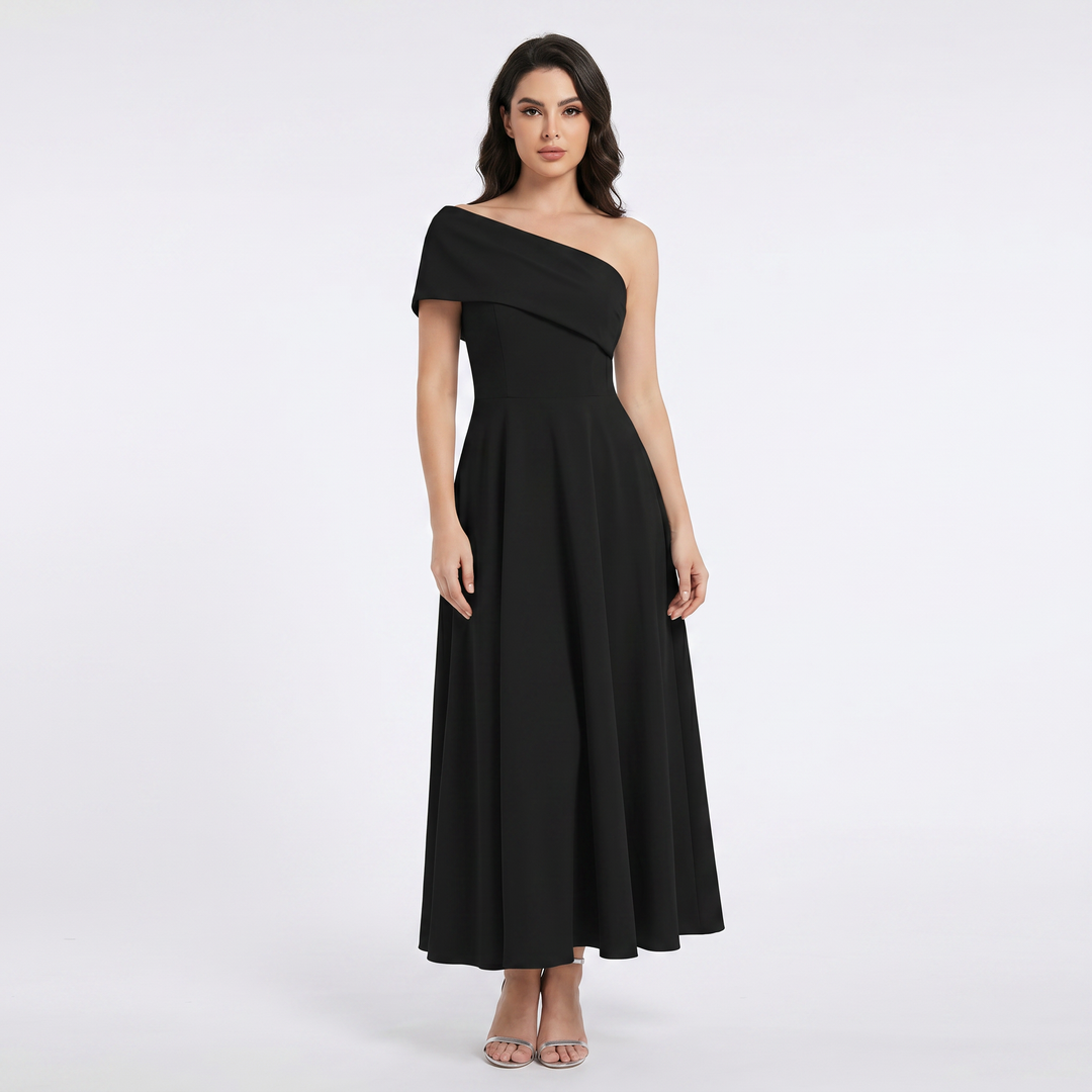 Women's Off Shoulder Midi Dress Fit and Flare Pleated Skirt Elegant Wedding Guest Dress