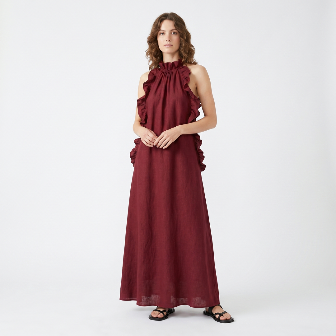 Women's Halter Neck Maxi Dress Ruffle Trim Sleeveless Flowy Linen Blend Casual Dress