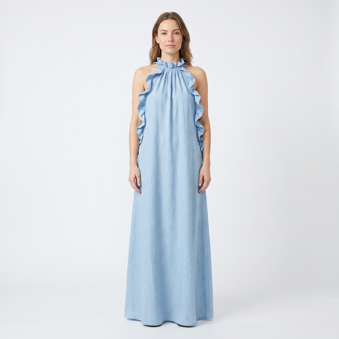 Women's Halter Neck Maxi Dress Ruffle Trim Sleeveless Flowy Linen Blend Casual Dress