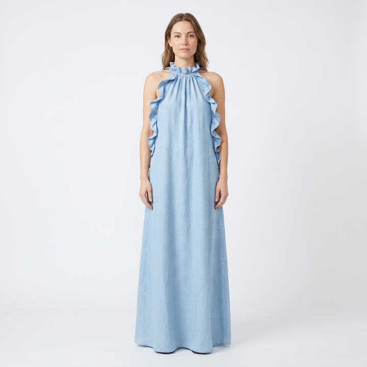 Women's Halter Neck Maxi Dress Ruffle Trim Sleeveless Flowy Linen Blend Casual Dress