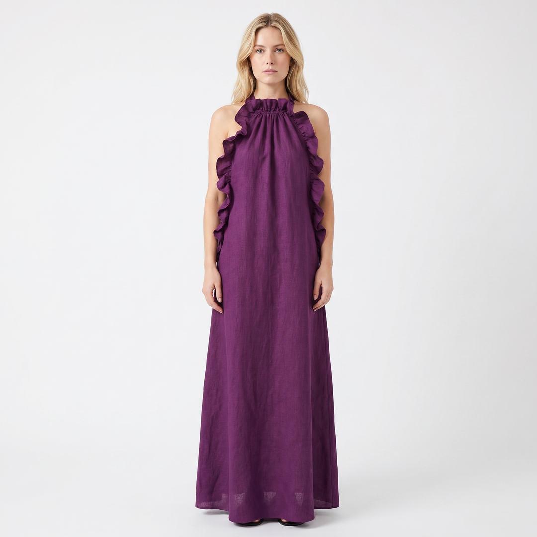 Women's Halter Neck Maxi Dress Ruffle Trim Sleeveless Flowy Linen Blend Casual Dress
