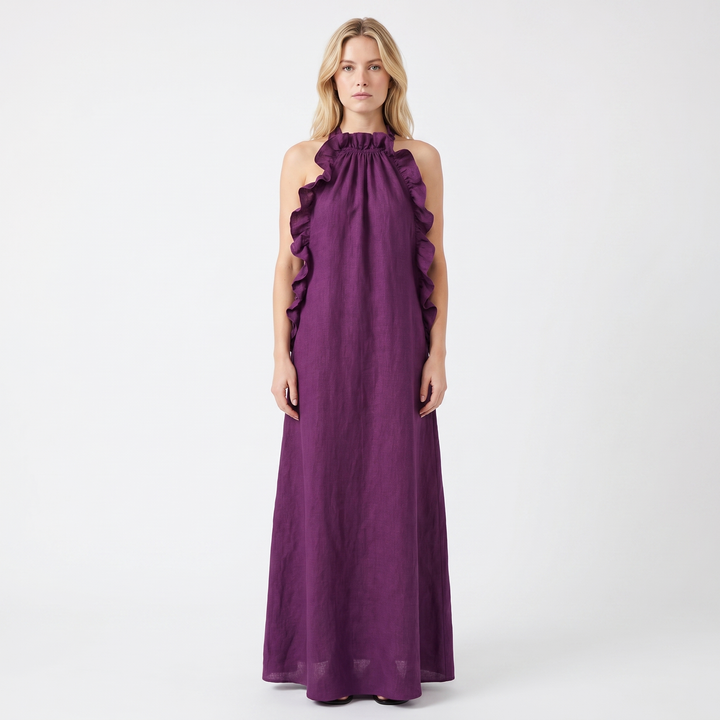 Women's Halter Neck Maxi Dress Ruffle Trim Sleeveless Flowy Linen Blend Casual Dress