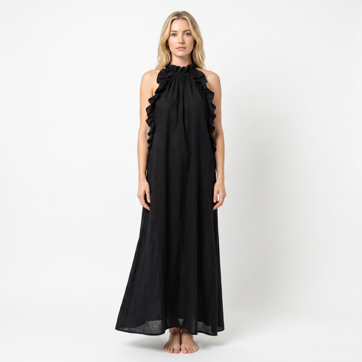 Women's Halter Neck Maxi Dress Ruffle Trim Sleeveless Flowy Linen Blend Casual Dress