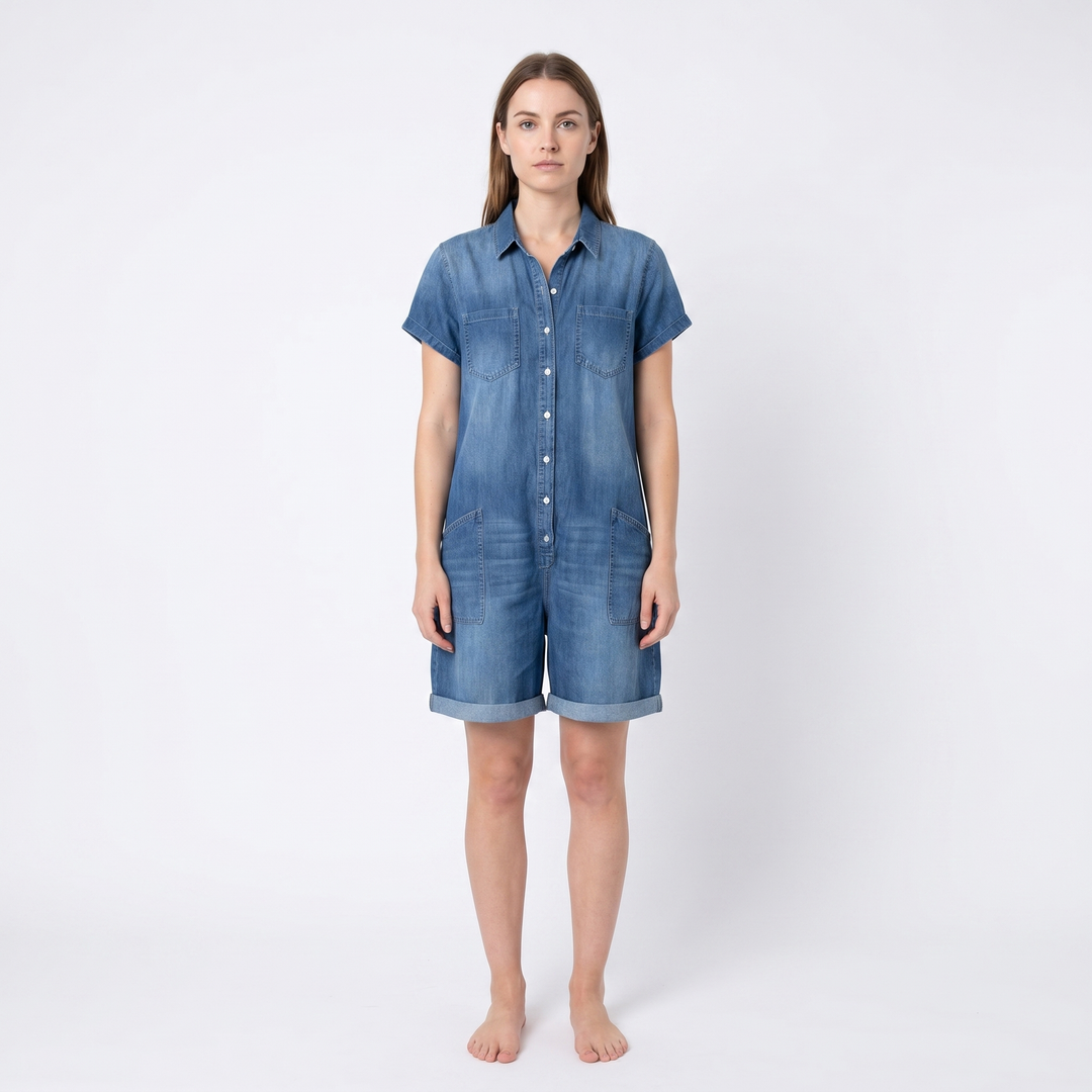 Women's Denim Romper Short-Sleeve Button-Down Jean Playsuit Casual Summer Jumpsuit