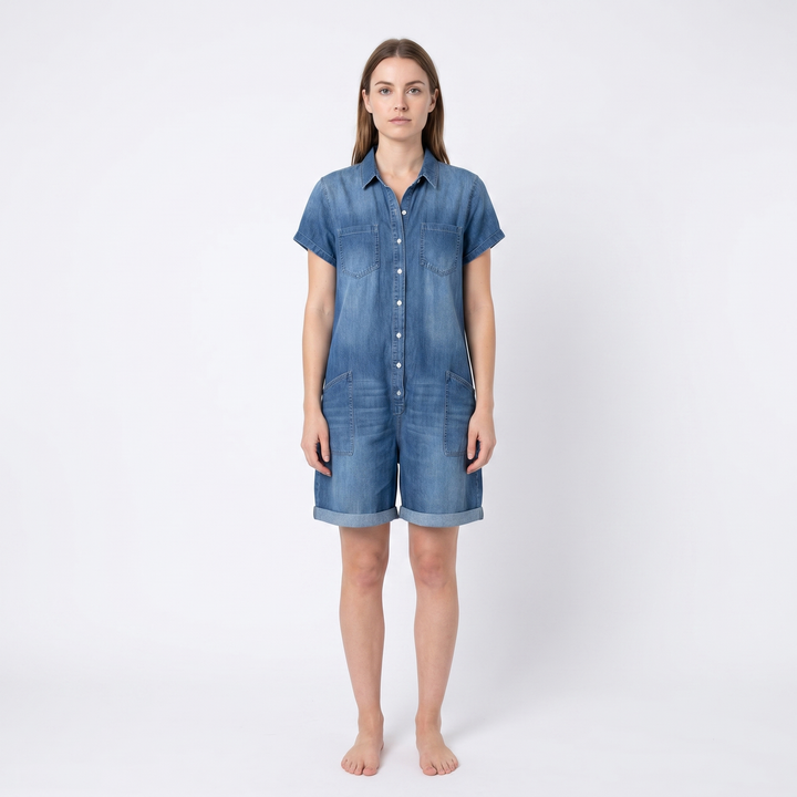 Women's Denim Romper Short-Sleeve Button-Down Jean Playsuit Casual Summer Jumpsuit