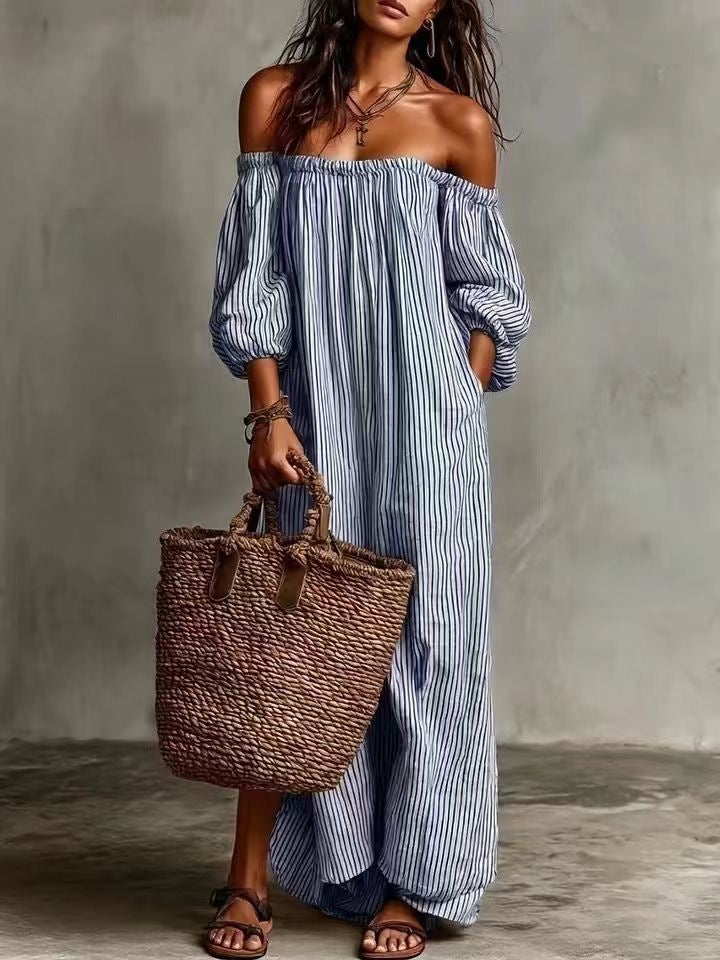 Women's Striped Off-Shoulder Maxi Dress Puff Sleeve Boho Casual Summer