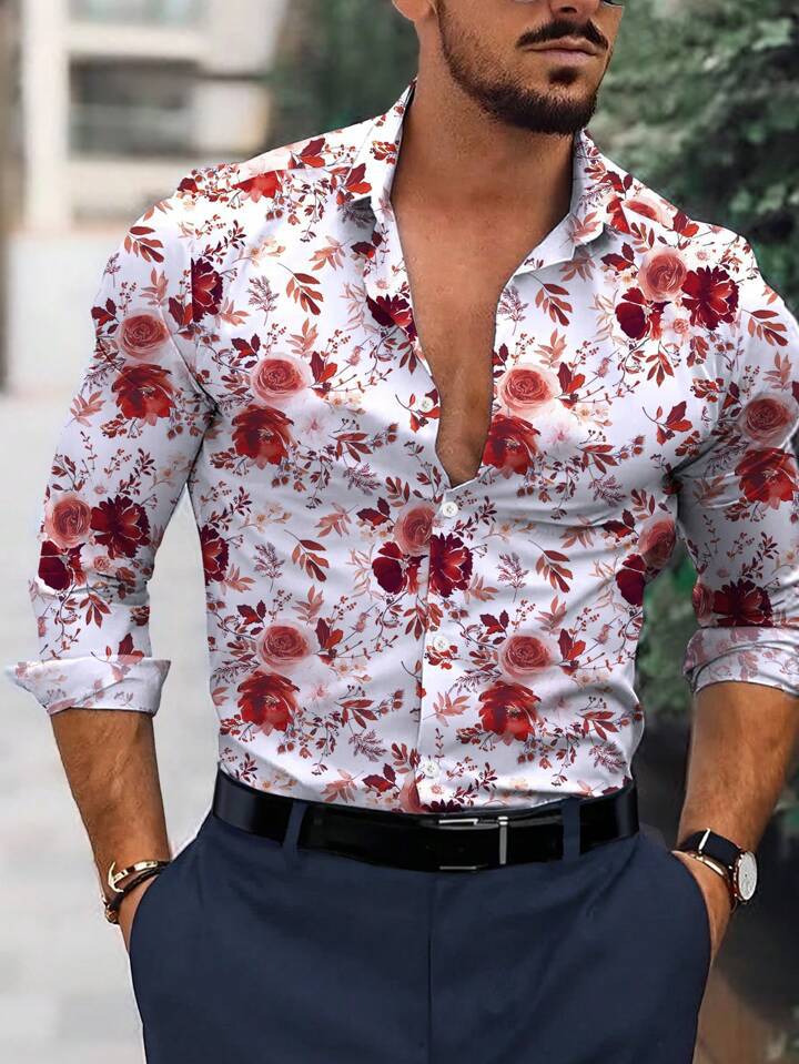 Men's Floral Print Long-Sleeve Shirt Slim-Fit Button-Down Casual
